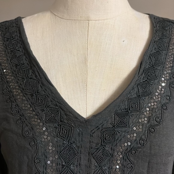 Carla Conti 100% linen mini dress 3/4 sleeve embroidered beaded front ITALY sz S - Picture 4 of 13